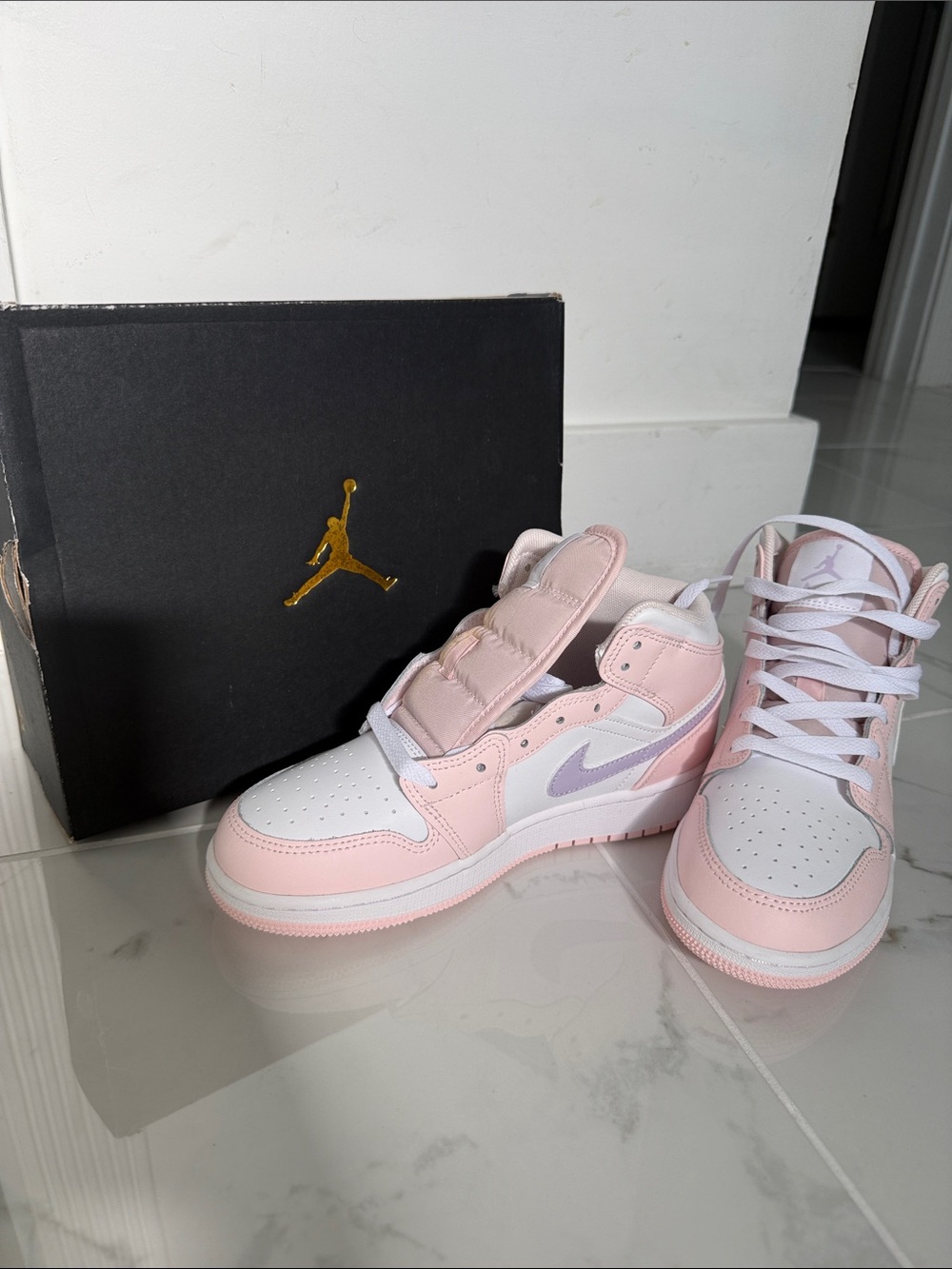 Kids Pink and White Mid Sneakers with Lavender Swoosh